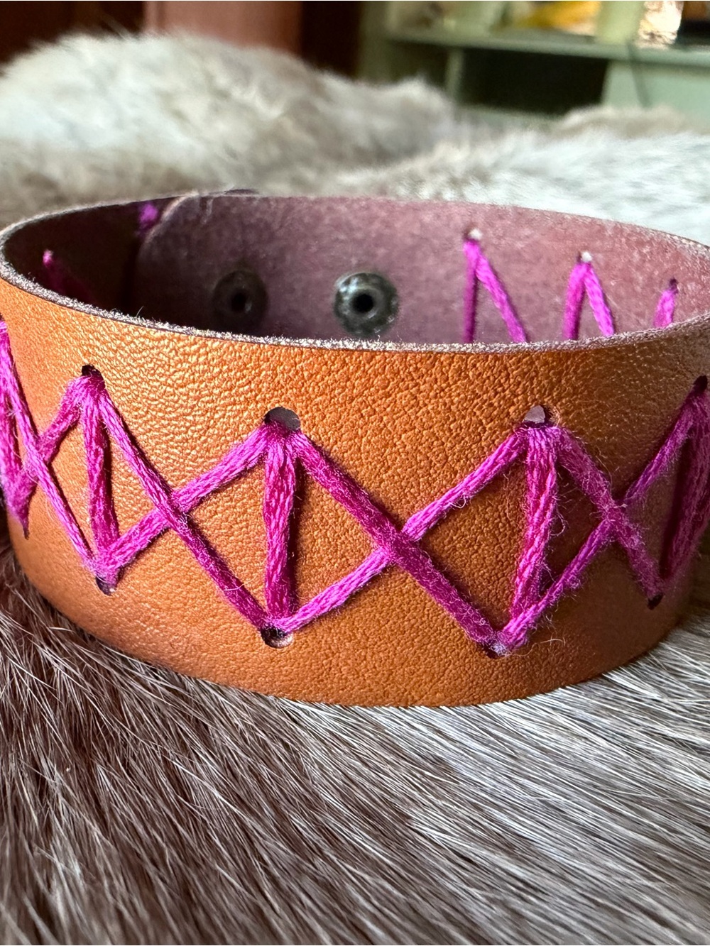 Handmade Tan Leather Cuff with Fuchsia Stitching